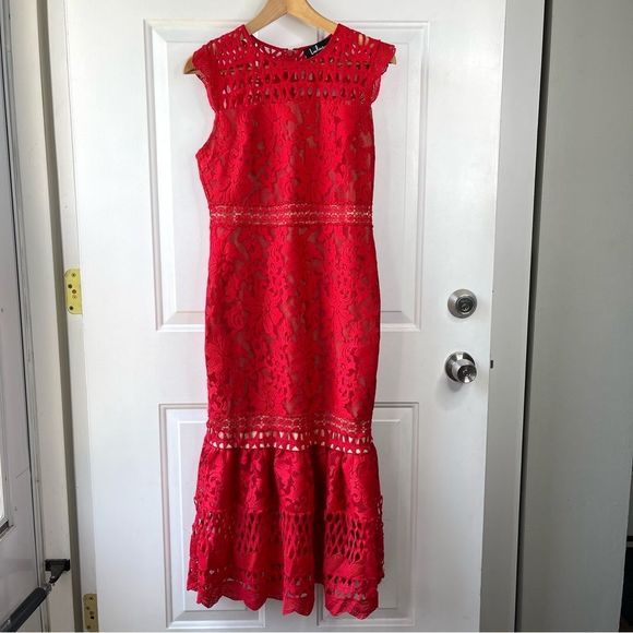 Lulus Charlee Red Lace Sleeveless Midi Dress Size Large - Picture 3 of 15